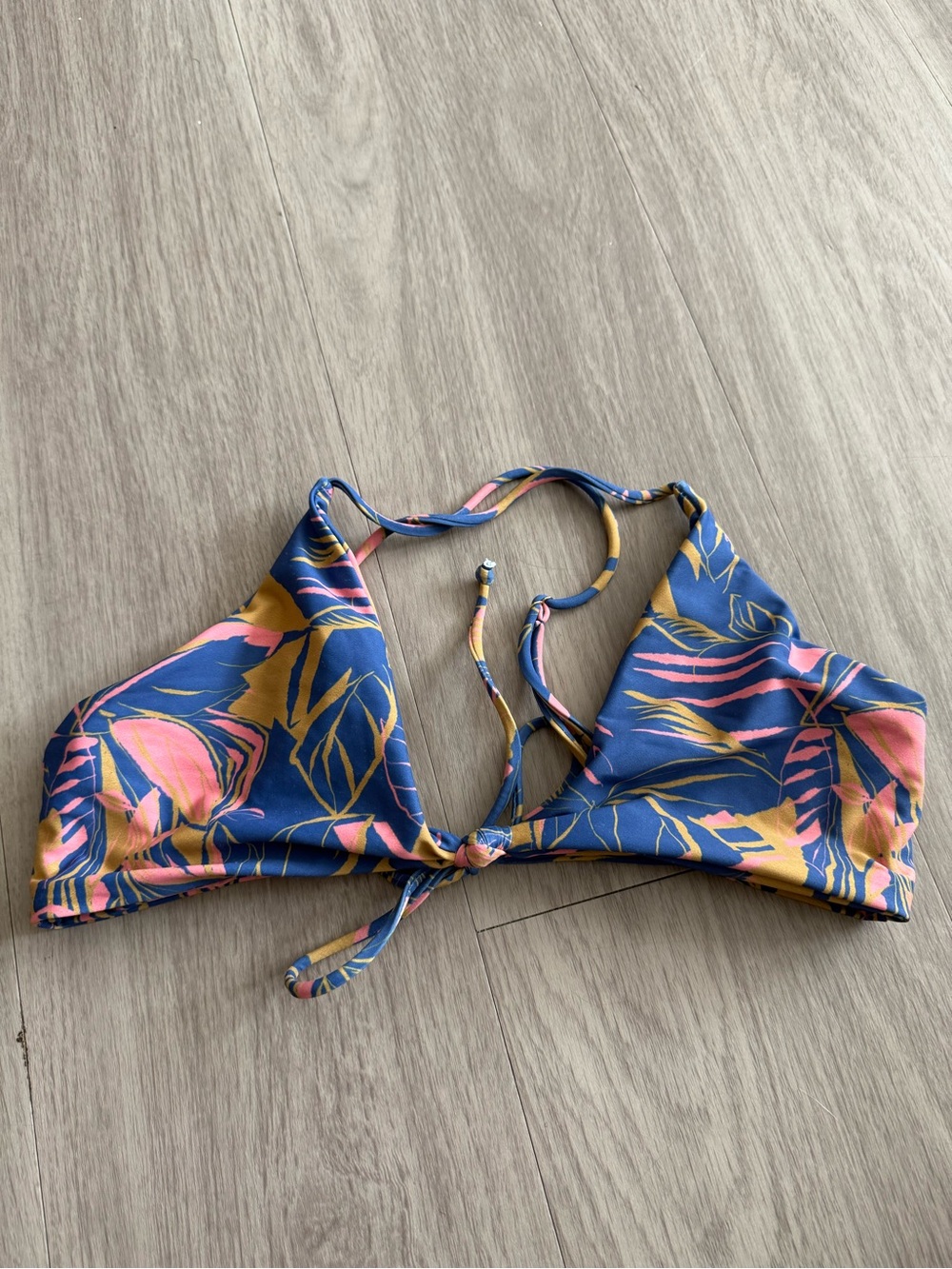Skatie Tropical Floral Triangle Bikini Top Blue Pink Gold Size S